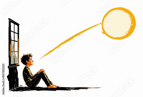 A young person sits by a window, gazing thoughtfully at the sun casting a long shadow, symbolizing dreams and aspirations in a whimsical illustration