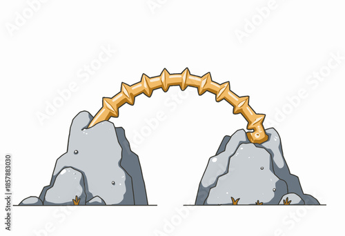 Illustration of a Golden Geometric Snake Connecting Two Gray Rocky Cliffs in a Minimalist Style