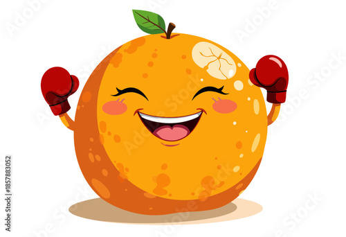 Delightful Cartoon Orange with Boxing Gloves Radiating Joyful Energy and Vibrant Personality in a Fun, Whimsical Style Against a Clean White Background