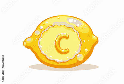 Illustration of a Vibrant Lemon Slice Featuring a Prominent Capital Letter C Symbolizing Vitamin C and Freshness in Citrus Fruits