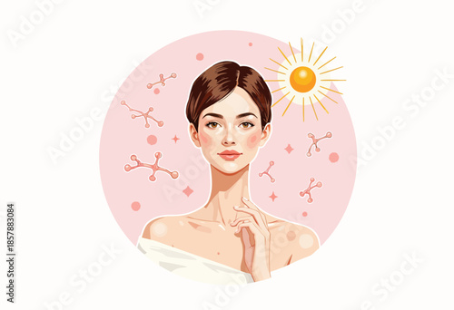 Elegant Portrait of Woman Highlighting Skincare and Beauty with Sun and Molecular Elements Illustrating Health and Radiant Complexion