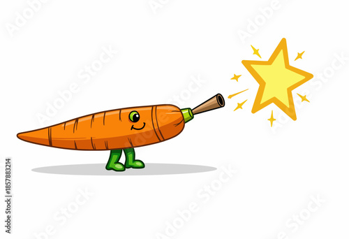 Illustration of a Cartoon Carrot with Legs and Arms Blowing a Star Shaped Bubble with a Whistle on a White Background