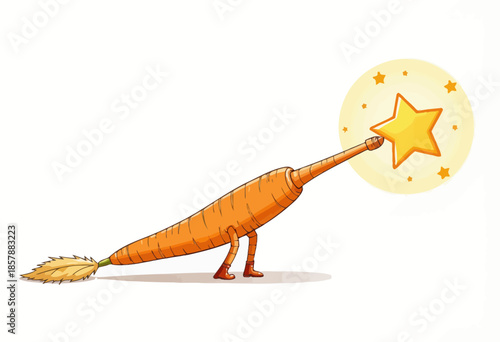 A whimsical carrot character balancing on legs and reaching for a glowing star with magical determination, surrounded by a celestial aura of small twinkling stars
