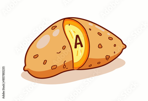 Illustration of a cartoon sweet potato with a cut section revealing vitamin content symbolized by the letter A for nutritional emphasis