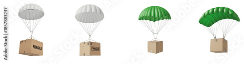 Bilde på lerret Parachute delivery set with cardboard boxes and fragile cargo isolated on white background