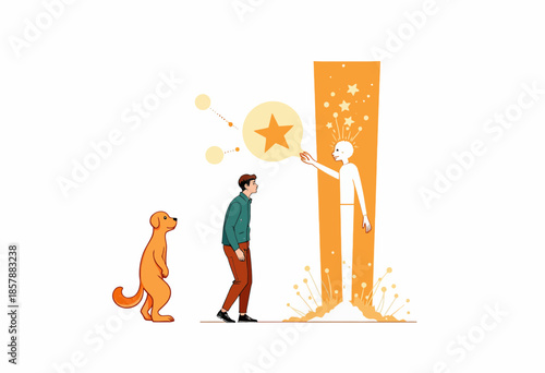Illustration of a Man and a Dog Encountering a Mystical Figure Emerging from a Celestial Portal with Floating Stars and Bubbles