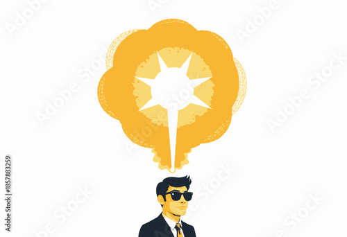 Imaginative Concept Illustration of Businessman with Lightbulb Thought Cloud Above Head in Creative Leadership and Innovation Theme