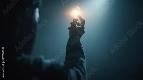 A Figure Holding Light in a Dark Room, Mysterious Atmosphere, Cinematic Capture
