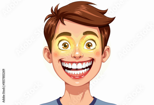 Enthusiastic cartoon character with bright eyes and wide smile showcasing a joyful expression against a simple background