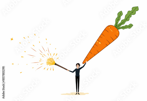 Illustration of a person creatively holding an oversized carrot like a broom, with magic-like sparkles emanating from its bristles, symbolizing fantasy and imagination