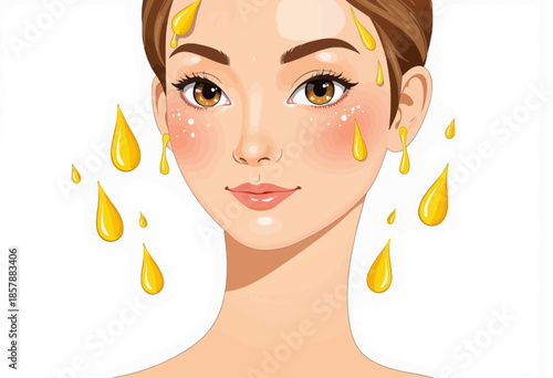 Illustration of a Woman with Glowing Skin and Drops of Golden Liquid Enhancing Her Facial Features Against a Pure White Background