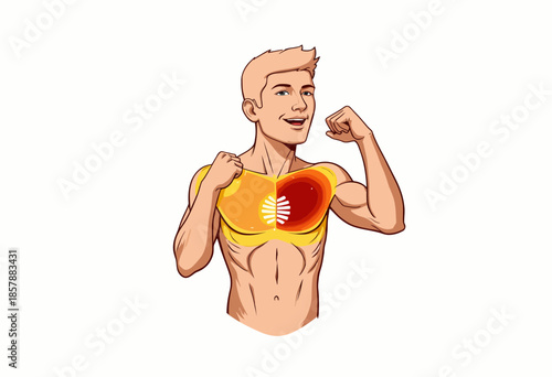 Illustration of a muscular person demonstrating confidence by flexing arms and revealing a heart-shaped red and yellow shirt symbolizing strength and warmth