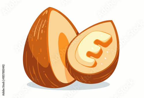 Illustrated Cross-Section of a Nutmeg Fruit with Brown Shell and Inner Seed Revealing Aromatic Core Used in Culinary and Medicinal Applications