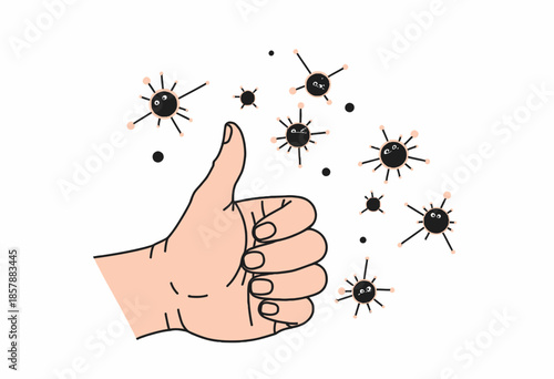 Illustration of a hand giving a thumbs-up surrounded by happy cartoon-like germs symbolizing positive attitude towards cleanliness and hygiene