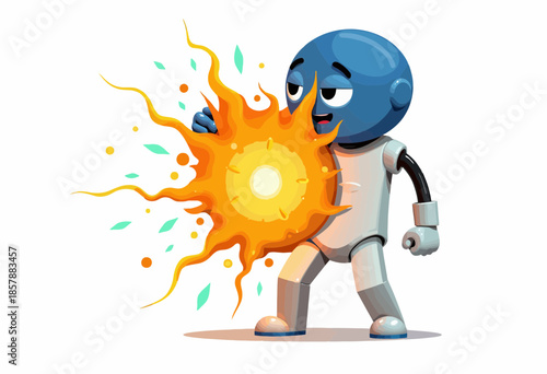 Animated Robot Interacting with Lively Orange Fireball Emitting Light and Energy Sparks in a Dynamic Cartoon Illustration