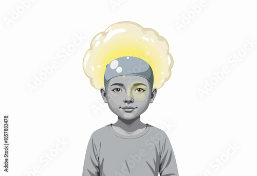 Whimsical portrait of a young child with a cloud-shaped hat emitting a luminous glow, blending fantasy and reality with soft monochrome tones and surreal elements