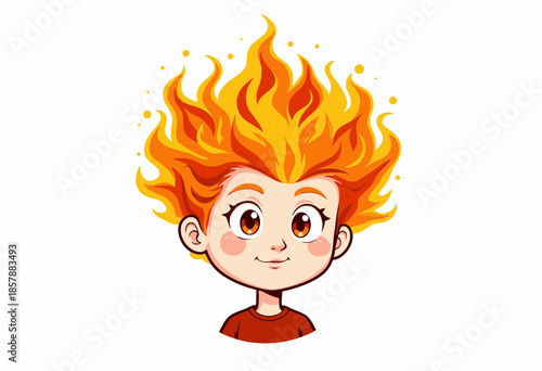 Playful cartoon character with vibrant fiery hair and bright eyes capturing an expression of joy and curiosity in a colorful and imaginative digital illustration