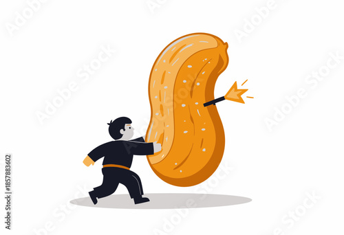 Illustration of a determined person pushing against a giant peanut with an arrow embedded in it on a white background symbolizing persistence and challenges