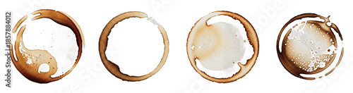 Coffee cup stain rings and brown liquid splatters set isolated on white background. Round caffeine marks, mug traces, and coffee drops for design and texture.