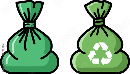 Green garbage bags with a recycling symbol and plain background, promoting eco-friendly waste collection, representing sustainability and environmental care.