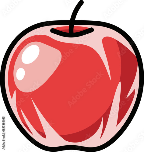Red apple with glossy surface and green stem on a transparent background, symbolizing freshness and health in a simple, modern style for educational or creative use.