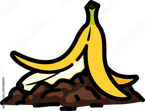 A banana peel laying on a brown pile, representing waste and sustainability in ecology, isolated on a transparent background for graphic use and design purposes