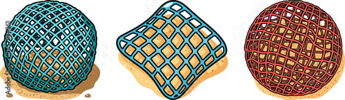 Colorful mesh balls resting on sandy ground, showcasing unique shapes and designs, in a playful outdoor setting with bright colors and textures on a transparent background.