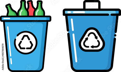 Recycling bins with bottles, one full and one empty, representing waste management in an eco-friendly setting on a transparent background