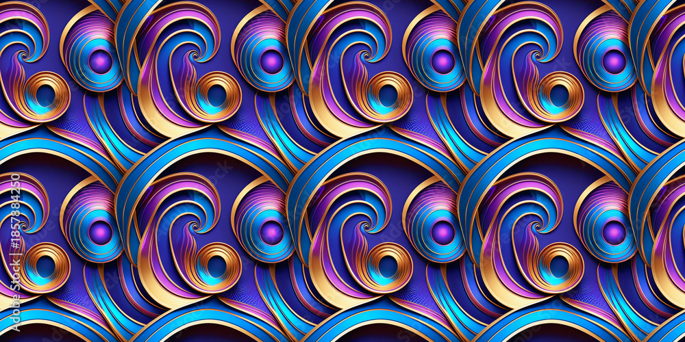 Fototapeta premium Artistic geometric seamless pattern, swirling concentric circles, abstract figures, vibrant purple, turquoise, fuchsia, gold, holographic sheen, packaging, art prints, wallpapers