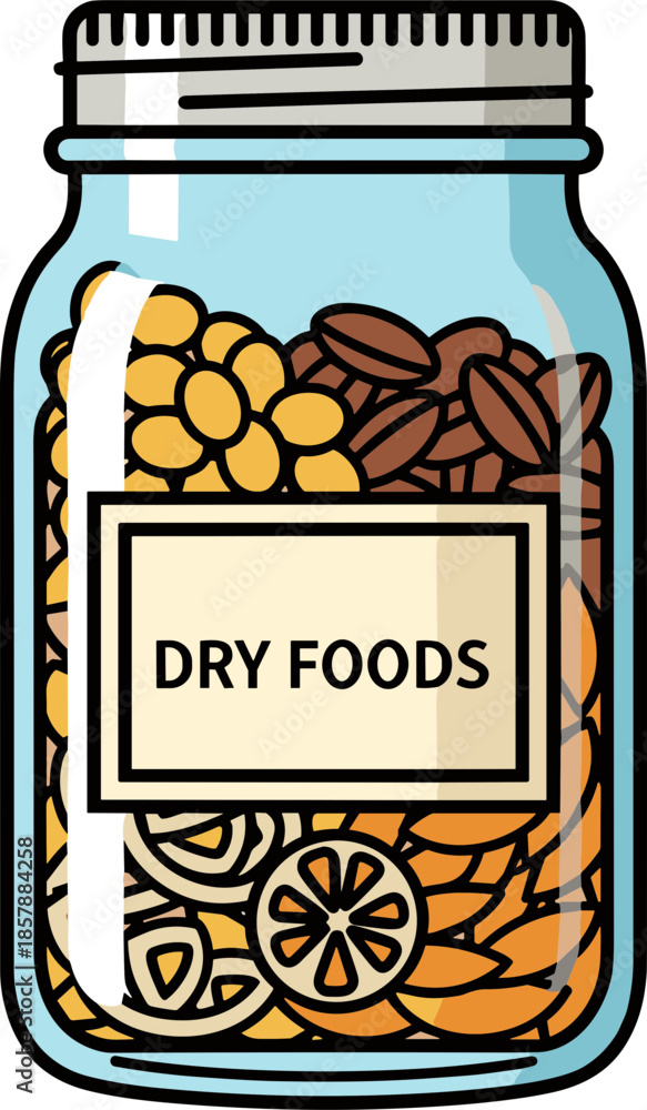Obraz Colorful glass jar filled with assorted dry foods, including nuts and dried fruits, isolated on a transparent background, ideal for healthy snacking.