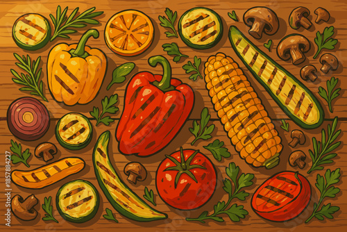 Grilled Vegetable Feast. Rustic wooden table filled with a vibrant assortment of grilled vegetables and herbs, warm natural