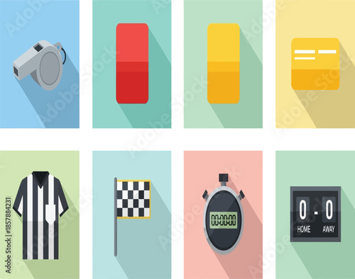 Referee tools and sports equipment icons in a colorful flat design style