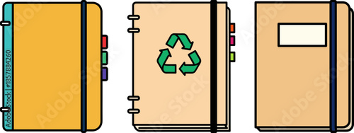 Various notebooks with colorful tabs and a recycle symbol on a transparent background for eco-friendly stationery solutions in offices or schools.