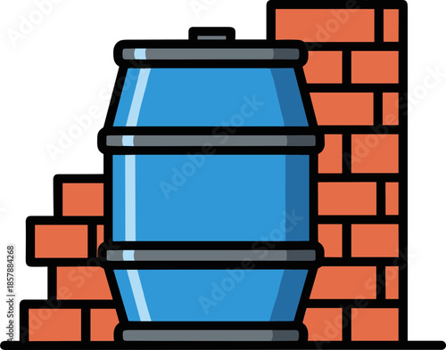 Blue barrel standing against a red brick wall on a transparent background, showcasing vibrant color contrast and simple geometric design elements.