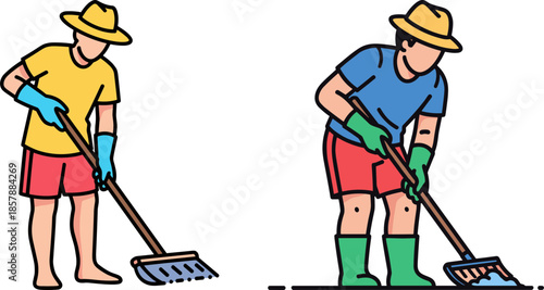 Two men raking soil in the garden on a sunny day, wearing hats and gloves, isolated on a transparent background, engaged in ecological gardening activities.