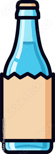 Blue glass bottle with a blank label, isolated on a transparent background, suitable for advertising or design in eco-friendly settings.