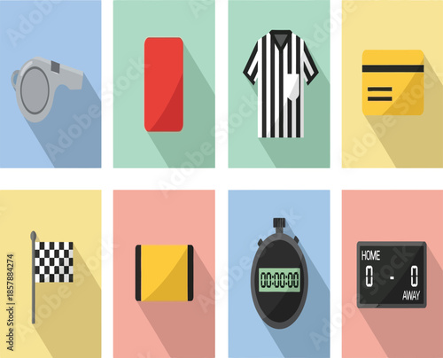 Referee tools and sports equipment icons in a flat colorful design