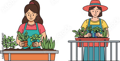 Two women gardening with potted plants on a table and balcony, nurturing greenery in a joyful outdoor setting, colorful attire, vibrant foliage, bright sunny day