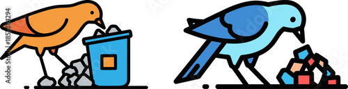 Two colorful birds cleaning up garbage in a modern ecological graphic design on a transparent background