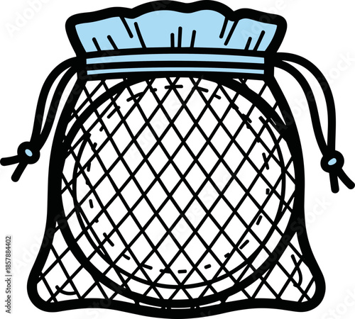 Illustration of a round mesh bag used for carrying fruits or vegetables, isolated on a transparent background with a light blue drawstring top