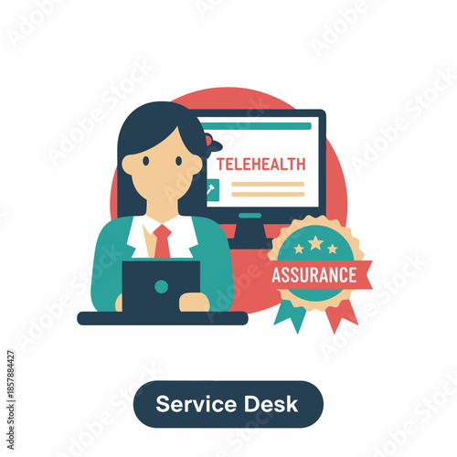 Telehealth service desk with assurance badge, telemedicine concept illustration