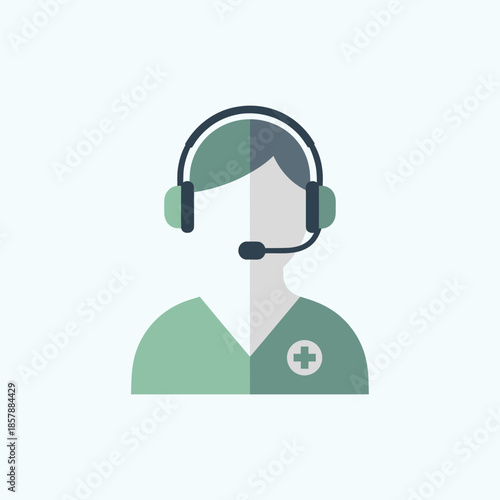 Healthcare support person with headset and medical cross icon flat illustration