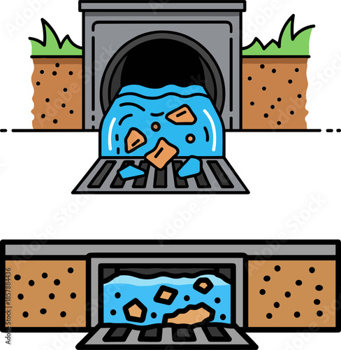 Water pollution flowing from a drainage system covered with debris, illustrating environmental issues in urban settings with a focus on sustainability.