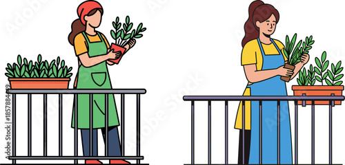 Women caring for plants on a balcony during the day with green pots and natural light, engaged in gardening activities on a transparent background