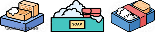 Various soap bars with bubbles and packaging in a bright, colorful setting on a transparent background for hygiene and cleanliness concepts