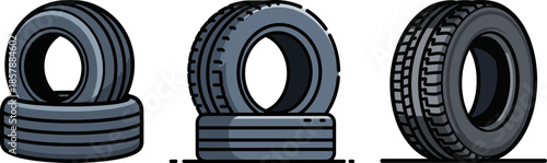 Various types of car tires stacked on a transparent background showcasing different tread designs in a vector style for automotive graphics and illustrations