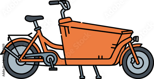 Orange cargo bicycle with a large front storage area on a transparent background, designed for transporting goods or children, perfect for eco-friendly transport.