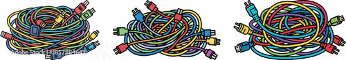 Colorful tangled cables with various connectors, isolated on a black background, showcasing the chaos of electronic accessories and their colors.
