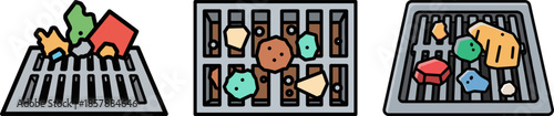 Colorful shapes and stones collecting in a drain on a transparent background, illustrating waste management and the importance of keeping environments clean.