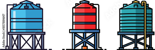 Three colorful water tanks on stilts showcasing blue, red, and green designs, isolated on a transparent background for eco-friendly graphics and illustrations.